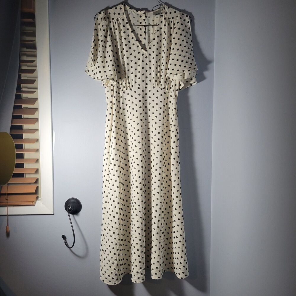 ICHI Women Flutter-Sleeve Midi Dress Stitched Polka Dots Size Small